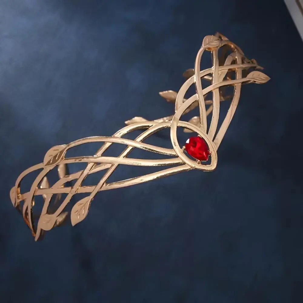 Super hero, Wonder Woman, Golden Elven Leaf Crown Fantasy Tiara w/ Red Gemstone